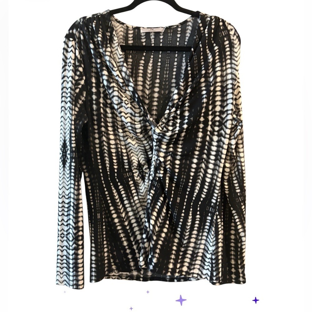 Natori black abstract draped top twist front long sleeve minimalist Large